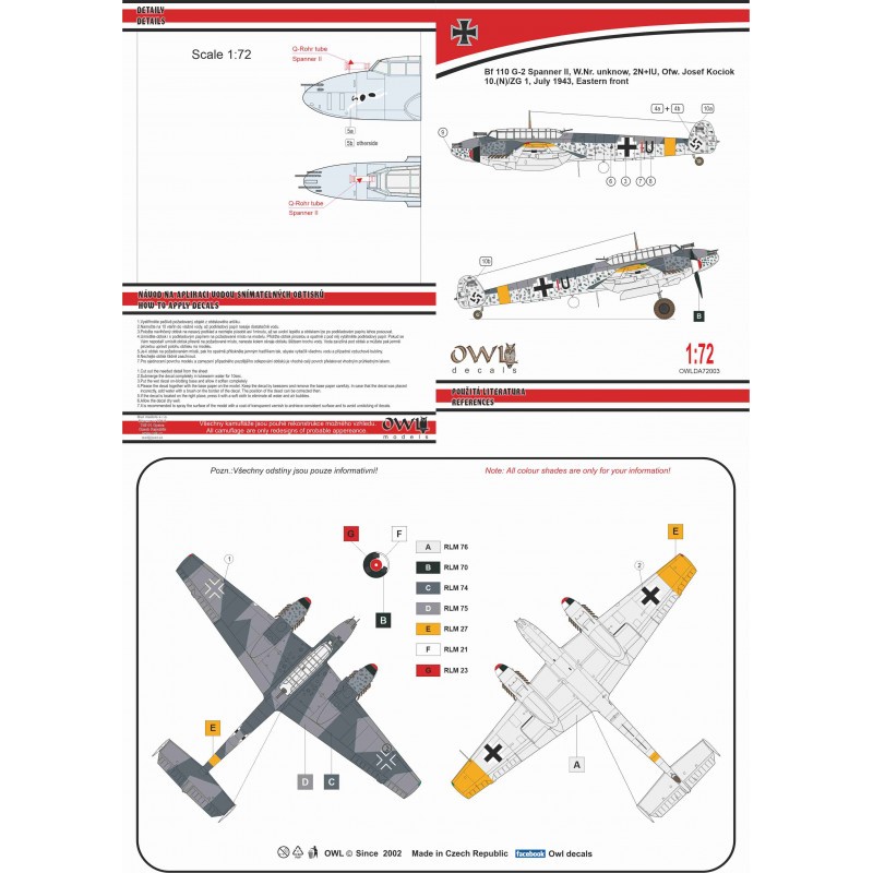 Décal Messerschmitt Bf-110G-2 (Kociok) Bf 110 G-2, 2N+IU, 10.(N)/ZG 1 Spanner II Anlage