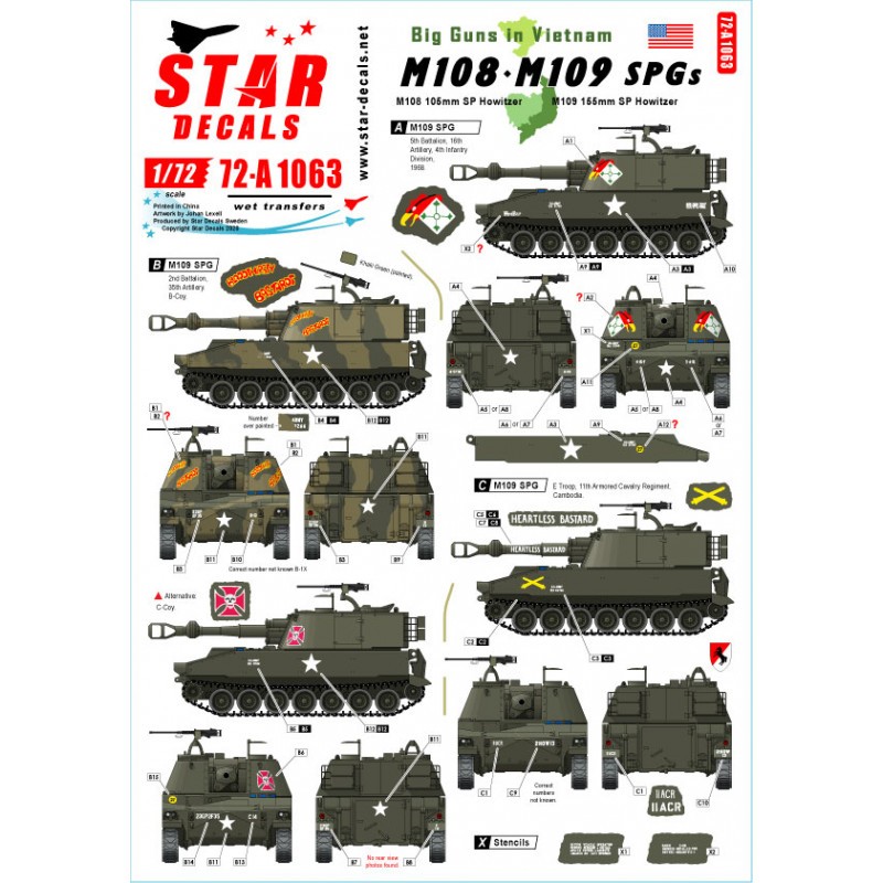 Gros canons au Vietnam. Obusiers M108 SP de l'armée américaine et obusiers M109 155 mm SP au Vietnam et au Cambodge.