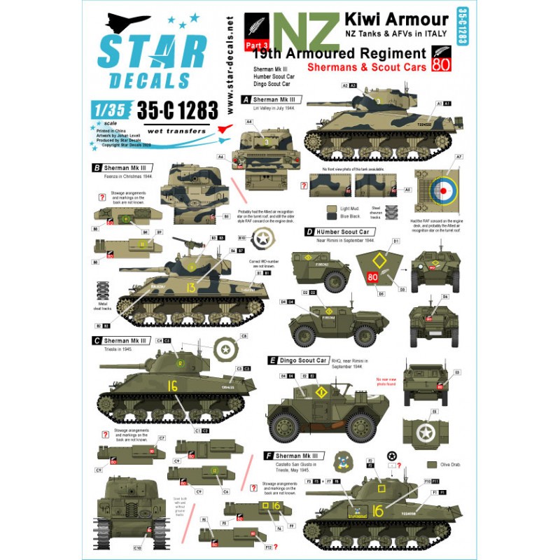 Kiwi Armor 3 19e régiment blindé en Italie. Shermans et Scout Cars.Sherman Mk.III, Humber Scout Car, Dingo Scout Car.