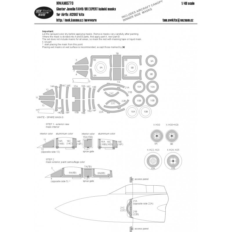 Masques kabuki Gloster Javelin FAW.9/FAW.9R EXPERT verrière d'avion comprenant masques latéraux intérieurs, roues, prises d'air