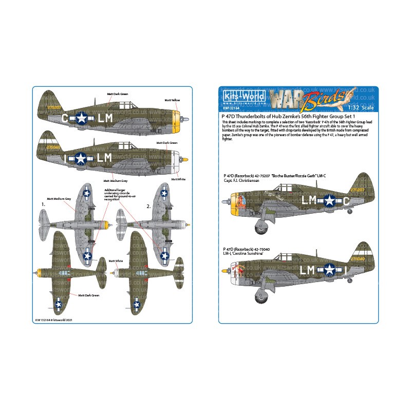Décal Republic P-47C/Ds of the 56th Fighter GroupP-47D (Razorback) 42-75207 'Boche Buster/Rozzie Geth' LM-C Capt. FJ Christiense
