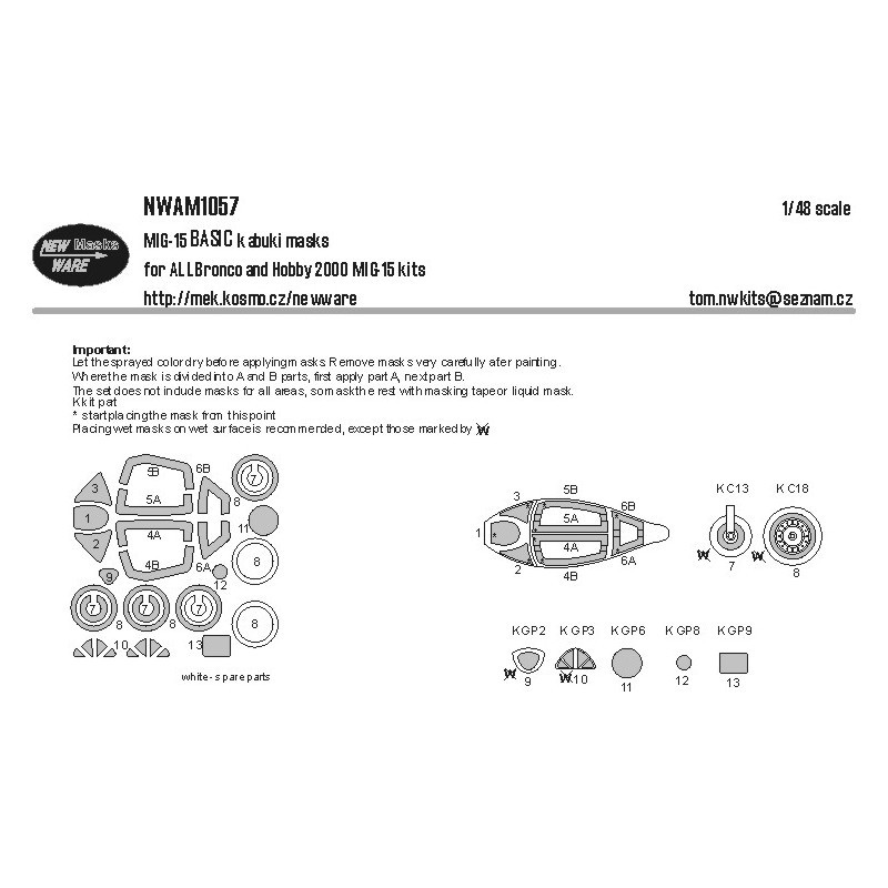 MIG-15 BASIC kabuki masks aircraft canopy, all other clear parts, wheels (designed to be used with Bronco Models and Hobby 2000