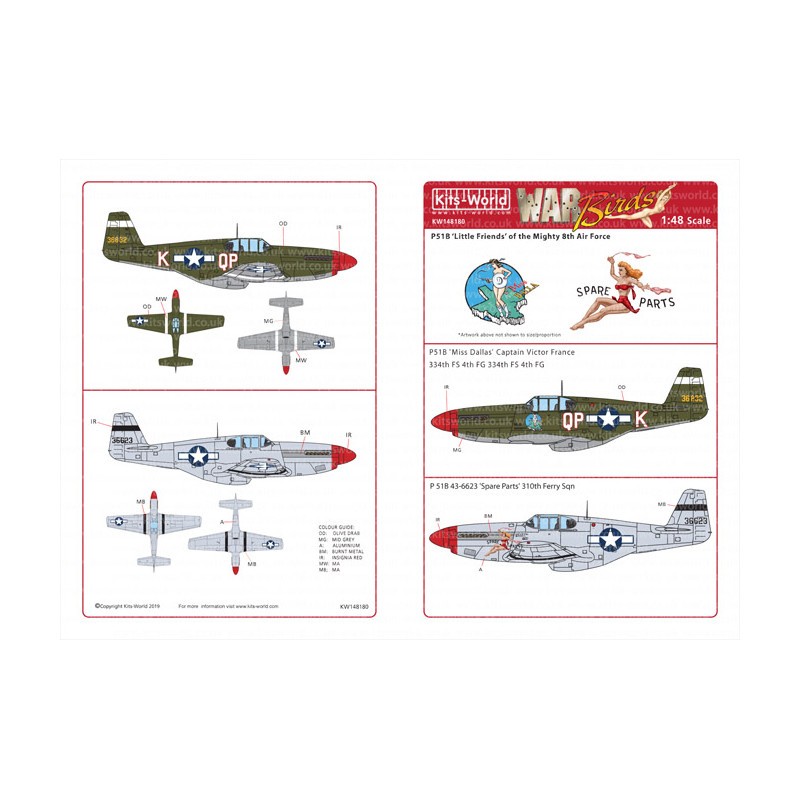 Décal North-American P-51B Mustang 43-6832 QP-K 'Miss Dallas' Capt Victor France, 334th FS 4th FG.P 51B Mustang 43-6623 'Spare P
