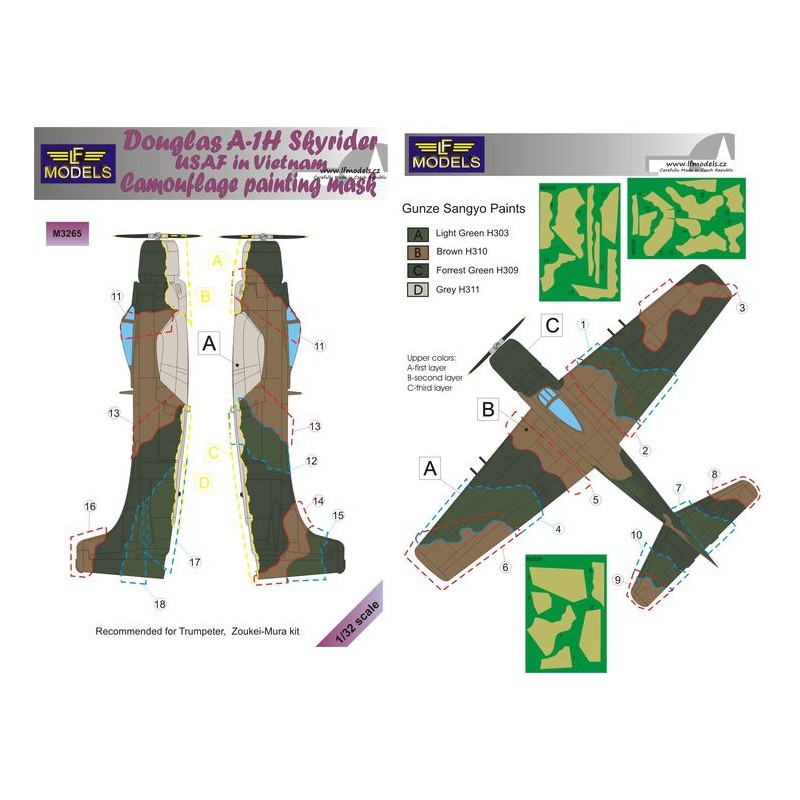 Douglas A-1H Skyraider USAF in Vietnam Camouflage Pattern Paint mask (conçu pour être utilisé avec les kits Trumpeter et Zoukei-