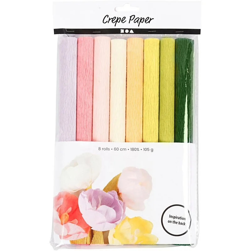 Papier crépon, couleurs pastel, 25x60 cm, Crêpé à 180 - 200%, 105 gr, 8 flles/ 1 Pq.