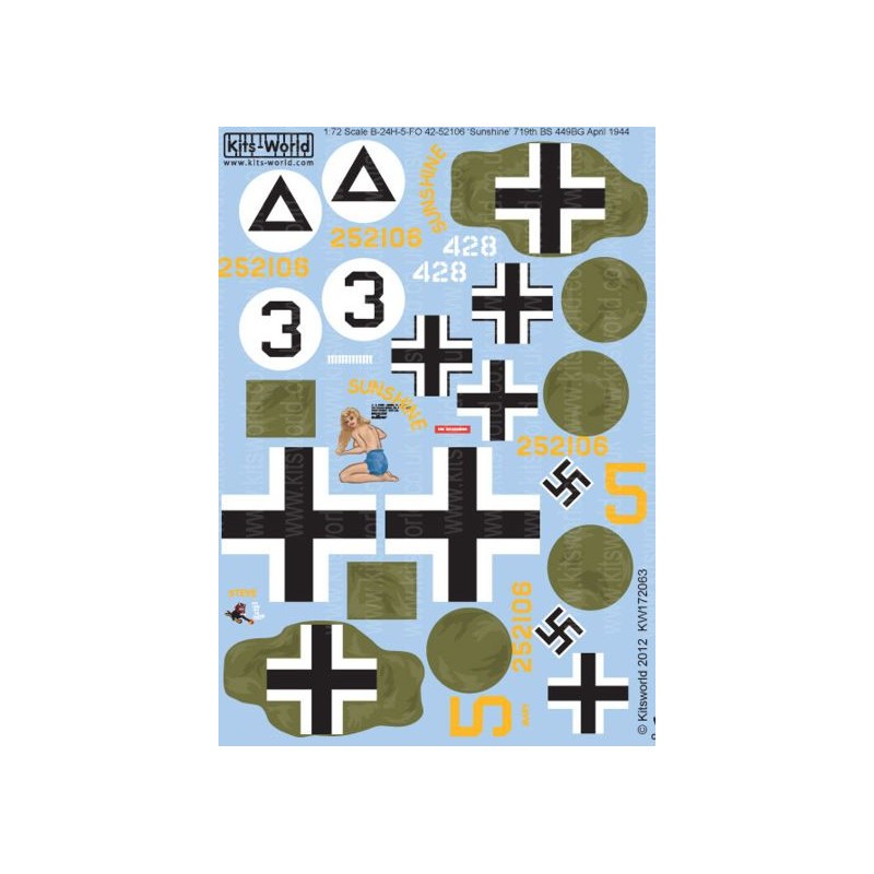Décal Aéronef capturé Consolidated B-24H-5-FO Liberator 42-52106 'Sunshine' 719th BS 449BG Avril 1944 Marquages US