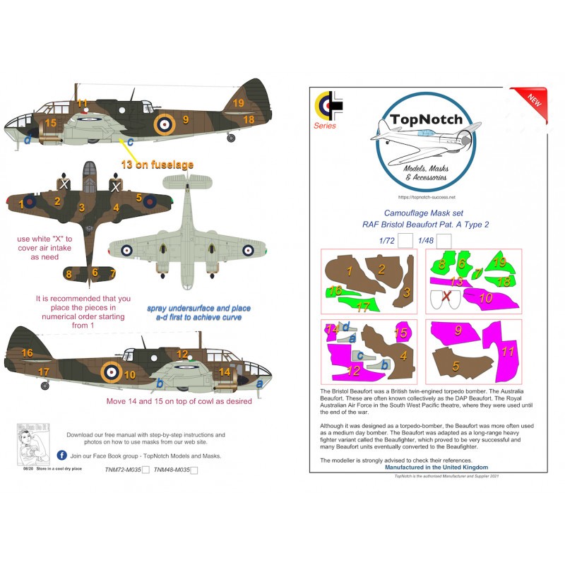 RAF Bristol Beaufort Mk.I Pat. Un masque de peinture à motif camouflage de type 2 (conçu pour être utilisé avec les kits Airfix)
