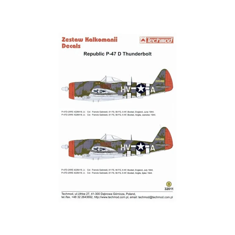 Décal Réédité et mis à jour ! Republic P-47D Thunderbolt 'Bubbletop' (2) 2 versions de 226418 HV-A 61 FS/56 FG Col Francis Gabre