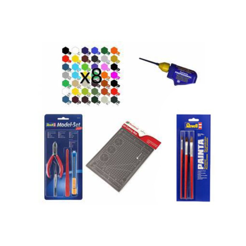 Pack 8 peintures, 3 pinceaux, colle, pince, cutter et tapis de découpe