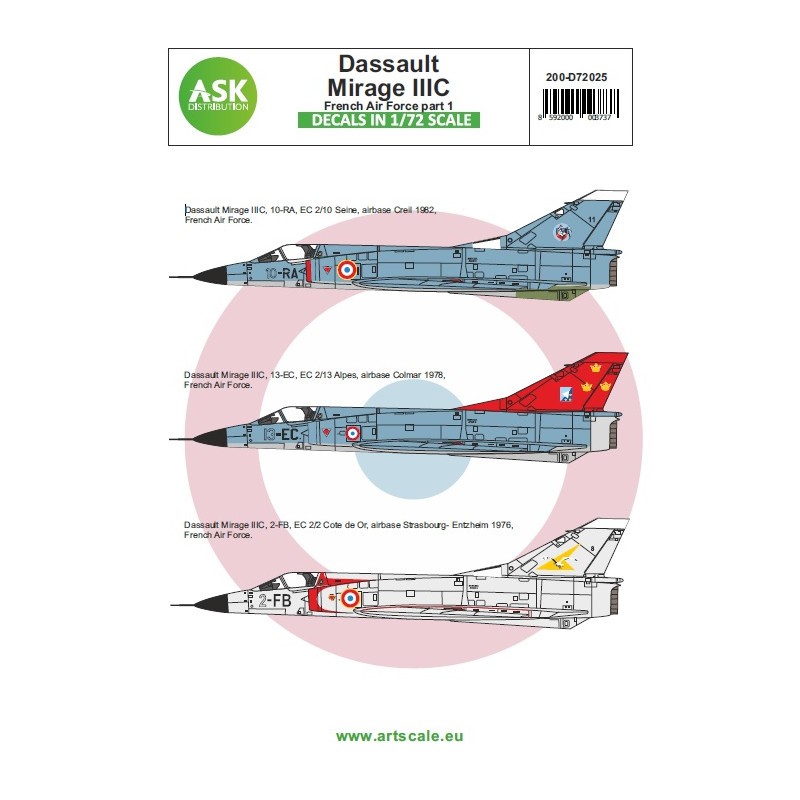 Dassault Mirage IIIC French Air Force - part 1. Contain 1/72 decals for 3 markings + stencils