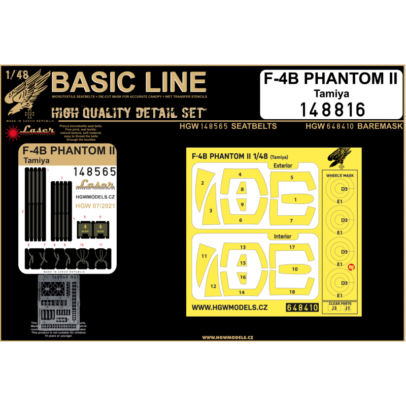 Décal McDonnell F-4B PHANTOM II BASIC LINE : ceintures de sécurité + masques (conçu pour être utilisé avec les kits Tamiya)
