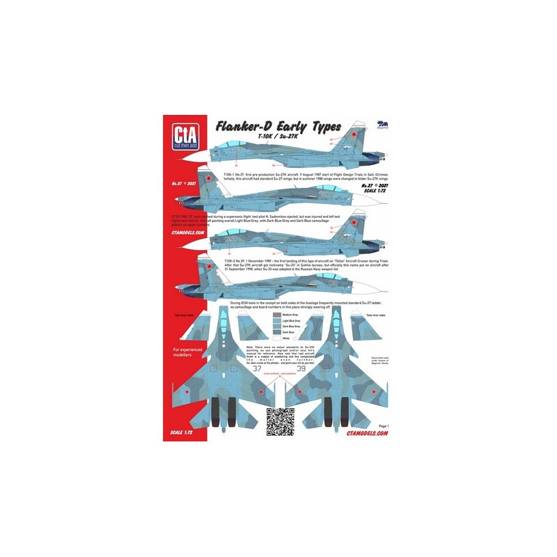 Décal Sukhoi T-10K / Su-27K 'Flanker-D' Type ancien. 8 options de marquage. L'autocollant Begemot comprend des options de recher