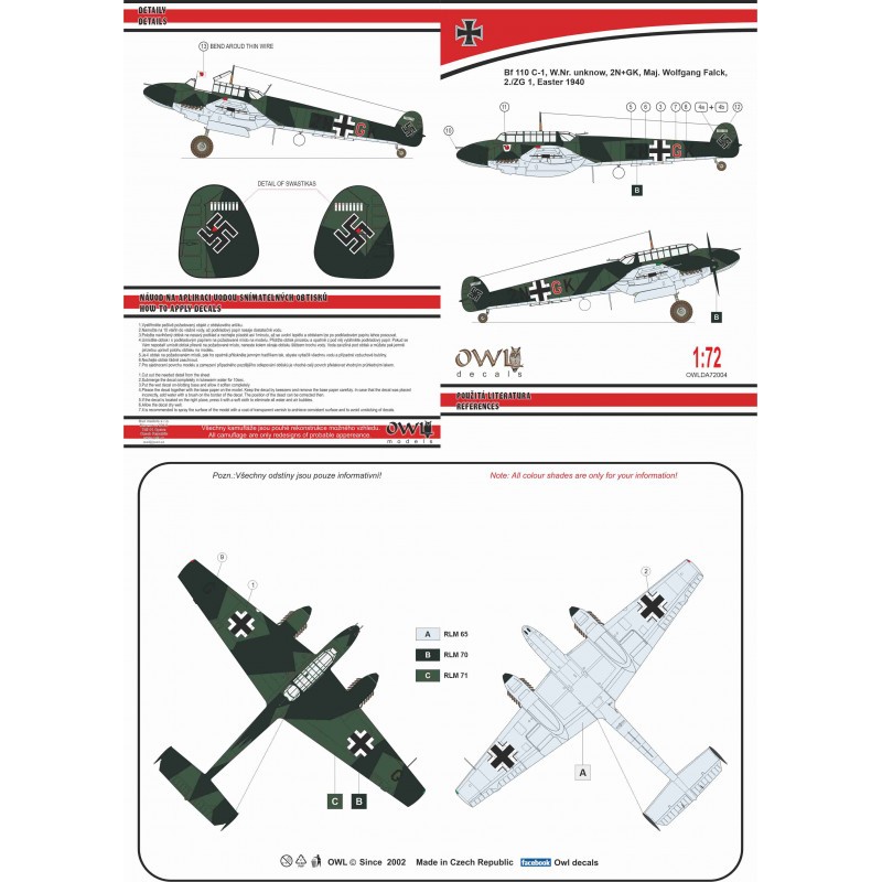 Décal Messerschmitt Bf-110C (W. Falck) 2N+GK (ZG 1)