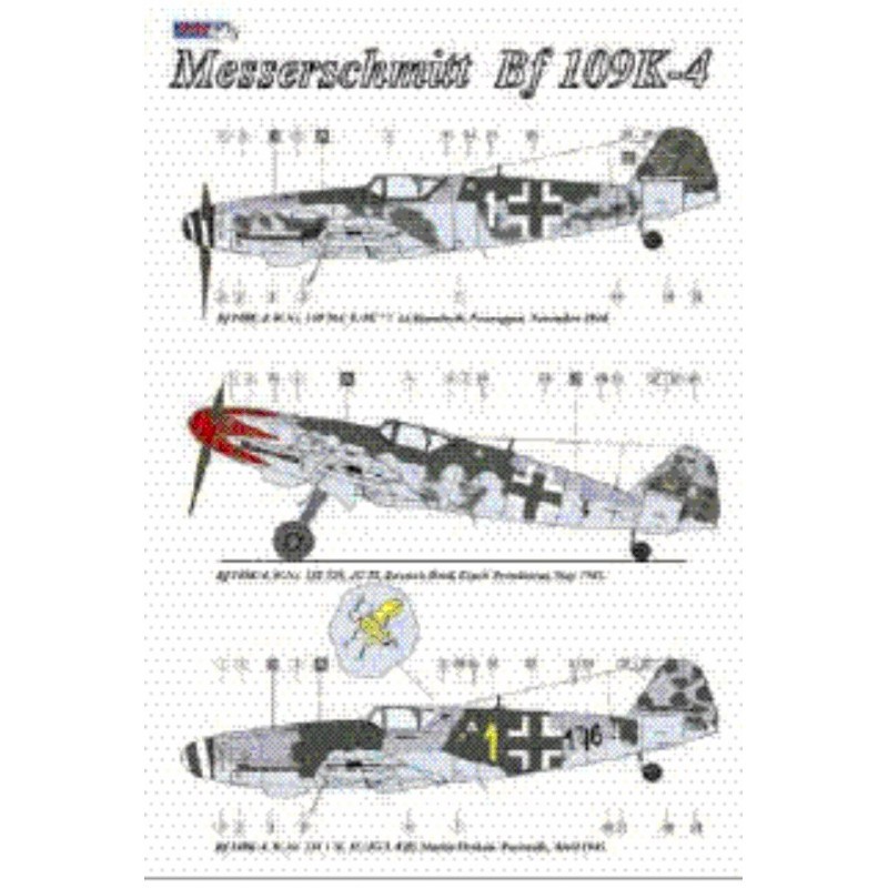 Décal Messerschmitt Bf-109K-4 Partie 2 (3) Blanc 1 9/JG 77 Lt Abendroth ; JG 2 avec tulipe rouge sur le nez ; Jaune 1 11/JG 3 Uf