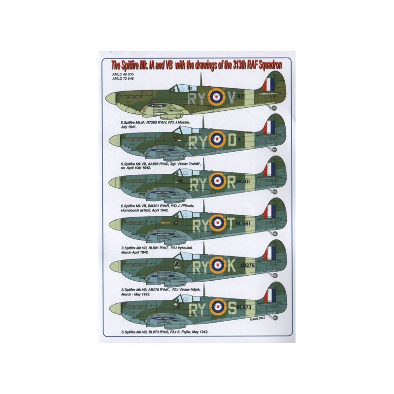 Décal Le Supermarine Spitfire Mk.Ia/Mk.1 /Mk.1 et Mk.VB avec des dessins du 313th RAF Squadron